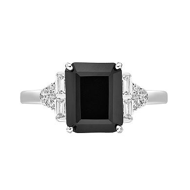 Gemminded Sterling Silver Baguette Cut Onyx & White Topaz Ring