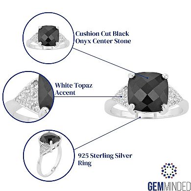 Gemminded Sterling Silver Cushion Cut Onyx & White Topaz Ring