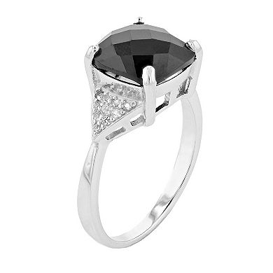 Gemminded Sterling Silver Cushion Cut Onyx & White Topaz Ring