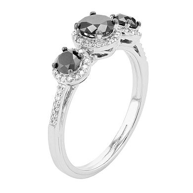 Sterling Silver 1 Carat T.W. Black & White Diamond 3-Stone Ring