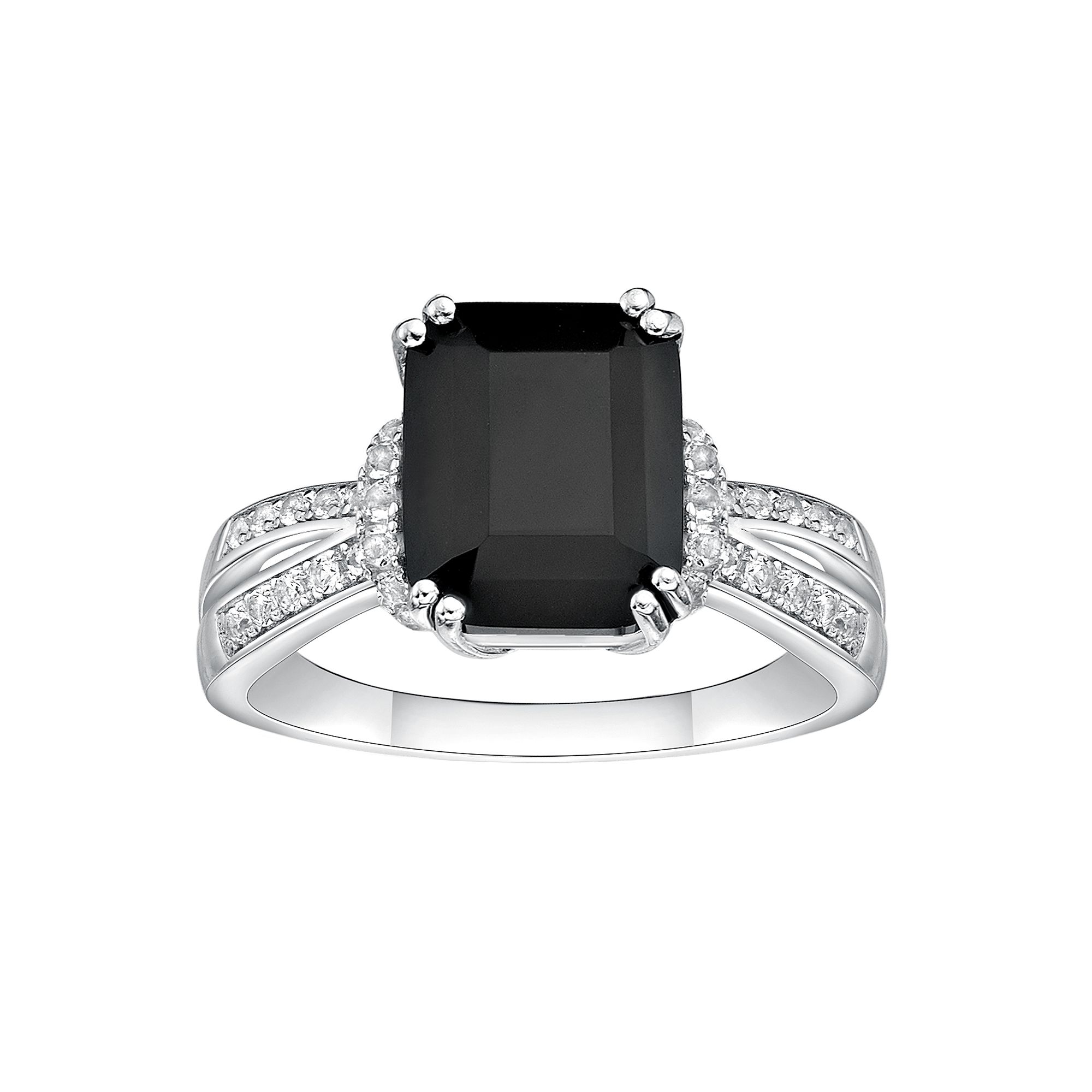 Gemminded Sterling Silver Emerald Cut Onyx & White Topaz Ring, Womens, Siz