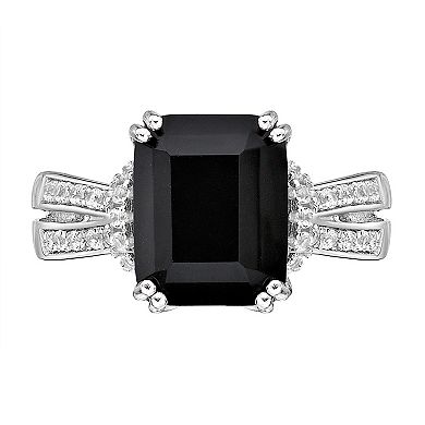 Gemminded Sterling Silver Emerald Cut Onyx & White Topaz Ring