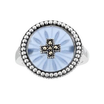 Lavish by TJM Sterling Silver Blue Sunray Crystal & Marcasite Ring