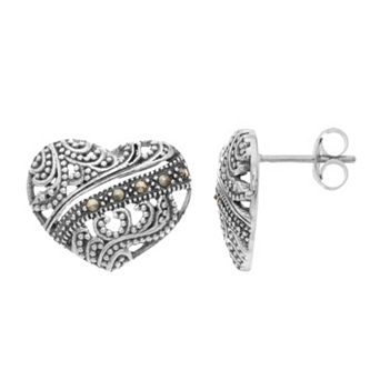 Lavish by TJM Sterling Silver Marcasite Filigree Heart Stud Earrings