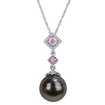Stella Grace 10k White Gold 1/10 Carat T.W. Diamond, Pink Sapphire & Black Tahitian Cultured Pearl Pendant