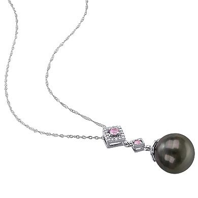Stella Grace 10k White Gold 1/10 Carat T.W. Diamond, Pink Sapphire & Dyed Black Tahitian Cultured Pearl Pendant