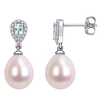 Stella Grace 10k White Gold 1/8 Carat T.W. Diamond, Aquamarine and Freshwater Cultured Pearl Drop Earrings