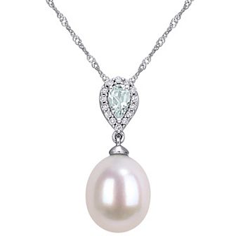 Stella Grace 10k White Gold Diamond Accent, Aquamarine & Freshwater Cultured Pearl Pendant