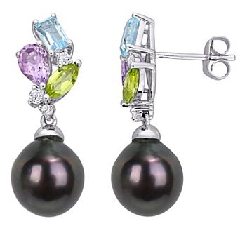 Stella Grace 10k White Gold Multi Gemstone & Black Tahitian Cultured Pearl Drop Earrings