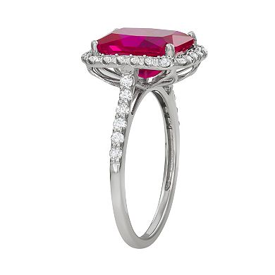 Charles & Colvard 14k White Gold Lab-Created Ruby & 4 1/2 Carat T.W. Lab-Created Moissanite Halo Ring