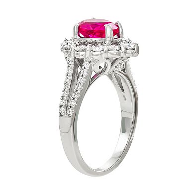 Charles & Colvard 14k White Gold Lab-Created Ruby & 2 3/4 Carat T.W. Lab-Created Moissanite Teardrop Halo Ring