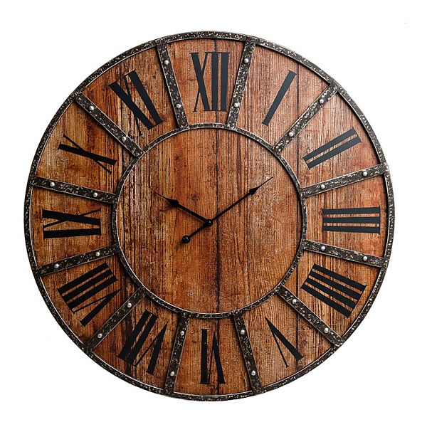 Patton Rustic Wood Plank & Metal Farmhouse Wall Clock