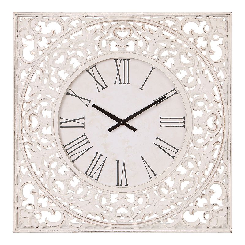 Patton Distressed White Ornate Wood Carved Wall Clock, 24X36