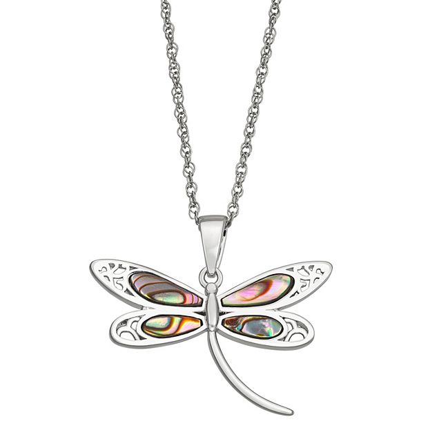 Sterling Silver Filigree Abalone Dragonfly Pendant Necklace