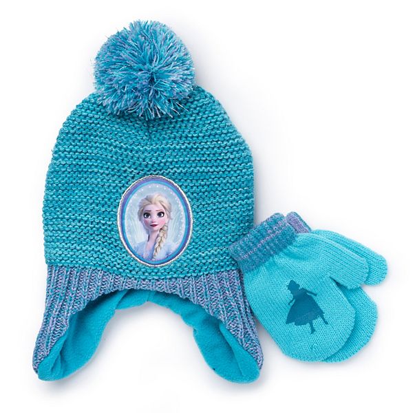 Disney Frozen Elsa Anna Blue Knit Pom Pom Beanie Hat and Gloves Set Snowflakes 
