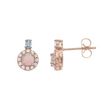 LeRose by Lexi and Rose 10k Rose Gold Lab-Created White Opal, Swiss Blue Topaz & Lab-Created White Sapphire Earrings