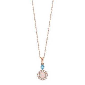 LeRose by Lexi and Rose 10k Rose Gold Lab-Created White Opal, Swiss Blue Topaz & Lab-Created White Sapphire Halo Pendant