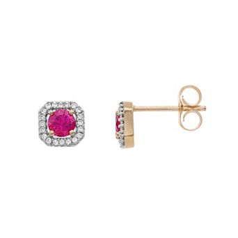 LeRose by Lexi and Rose 10k Gold Lab-Created Ruby & Lab-Created White Sapphire Halo Stud Earrings
