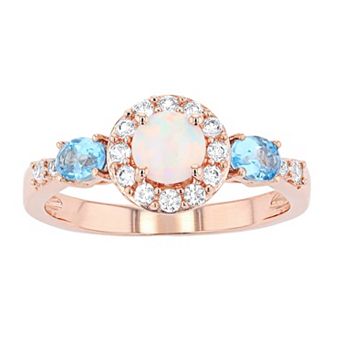 LeRose by Lexi and Rose 10k Rose Gold Lab-Created White Opal, Swiss Blue Topaz, Lab-Created White Sapphire Ring