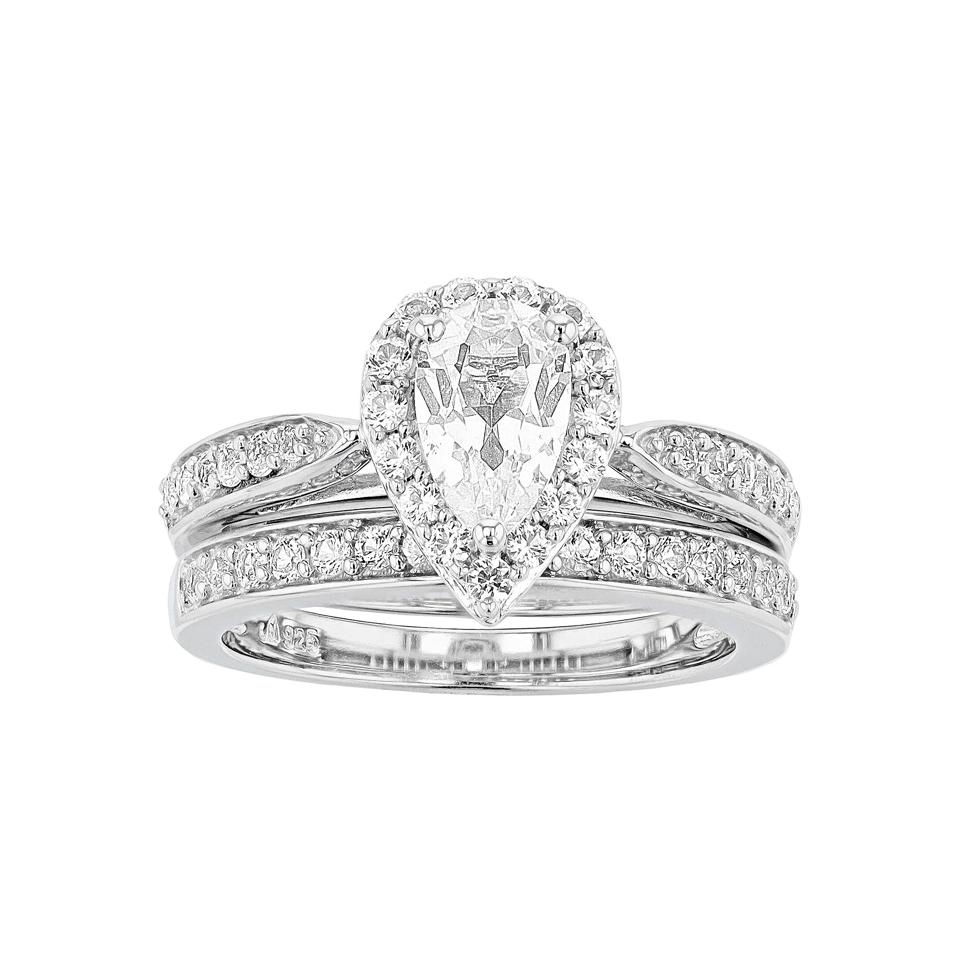 Sterling Silver Lab-Created White Sapphire Teardrop Engagement Ring Set, Wo