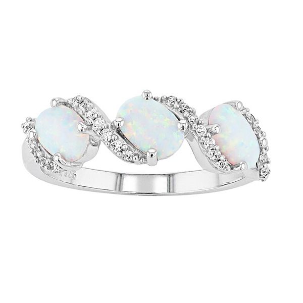 Sterling Silver Lab Created White Opal Lab Created White Sapphire 3 Stone Ring