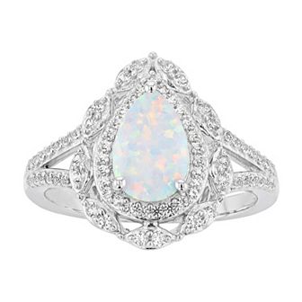 LeRose by Lexi and Rose Sterling Silver Lab-Created White Opal & Lab-Created White Sapphire Teardrop Ring