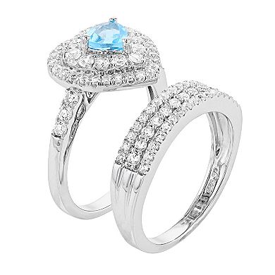 Sterling Silver Gemstone Heart Engagement Ring Set
