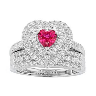Sterling Silver Gemstone Heart Engagement Ring Set