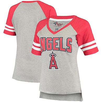 Women's G-III 4Her by Carl Banks Heathered Gray/Red Los Angeles Angels Goal Line Raglan V-Neck T-Shirt