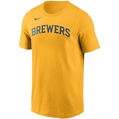 Men's Nike Christian Yelich Gold Milwaukee Brewers Name & Number T-Shirt