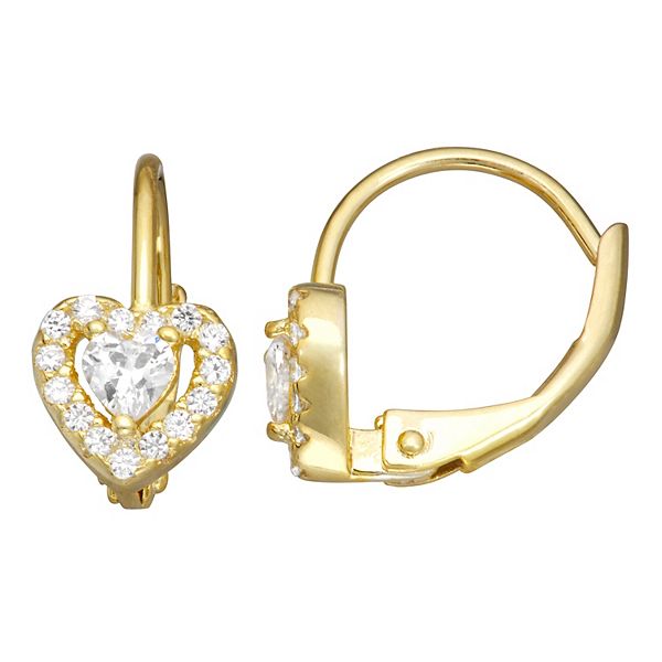 14K Yellow Gold Cubic Zirconia CZ Heart Earrings for Babies and Children 