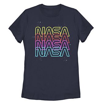 Juniors' NASA Neon Rainbow Repeat Text Logo Tee