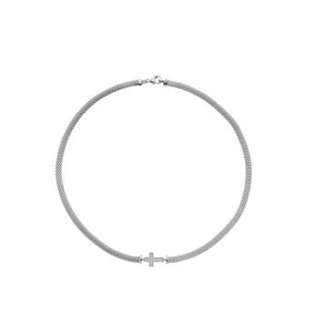 Sterling Silver Cubic Zirconia Cross Mesh Collar Necklace