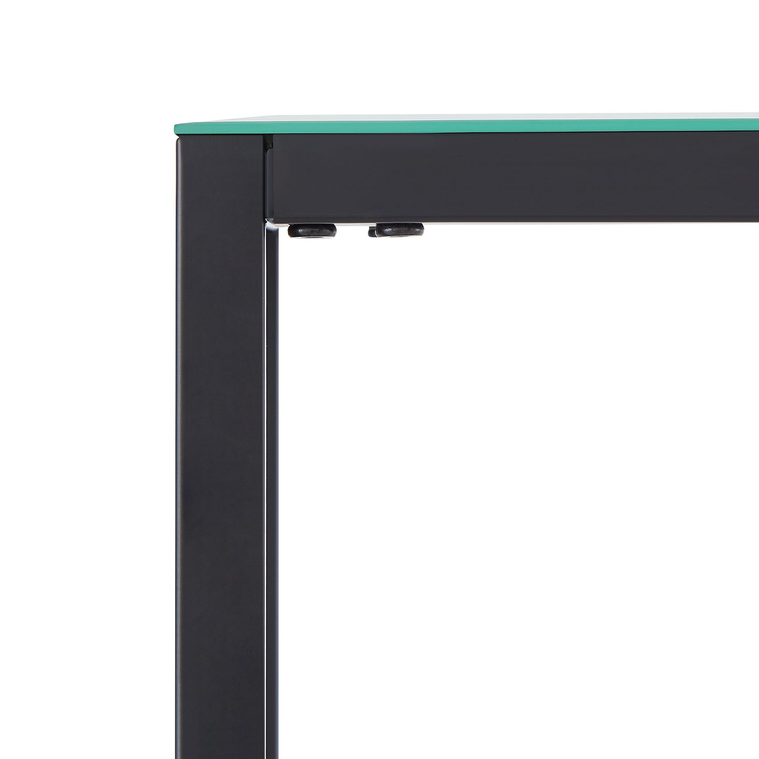Side view of black metal console table frame with glass top