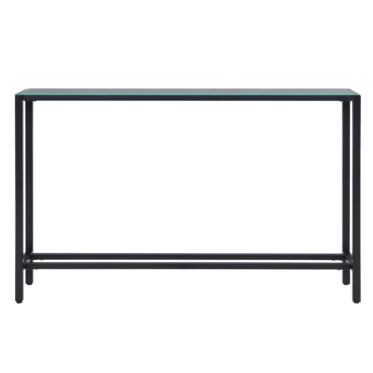 Front view narrow metal console table with glass top and lower shelf
