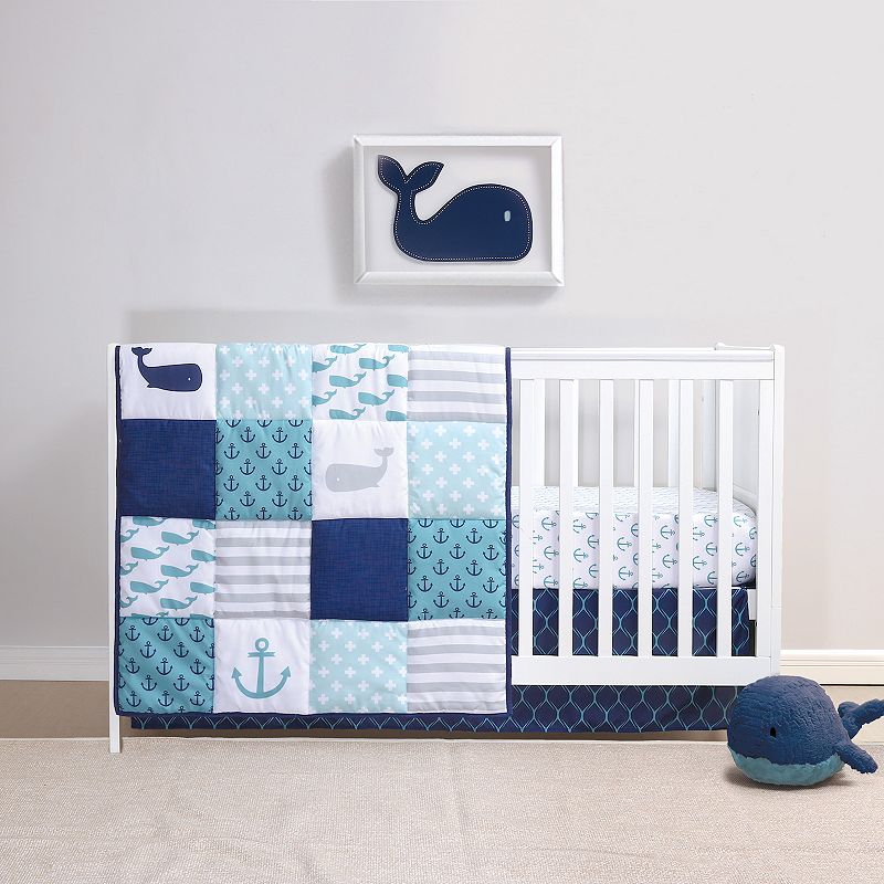 The Peanutshell 3-Piece Nautical Whale Patchwork Crib Bedding Set