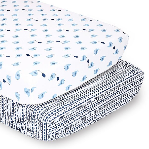 The Peanutshell 2 Pack Elephant & Geometric Stripes Crib Sheets