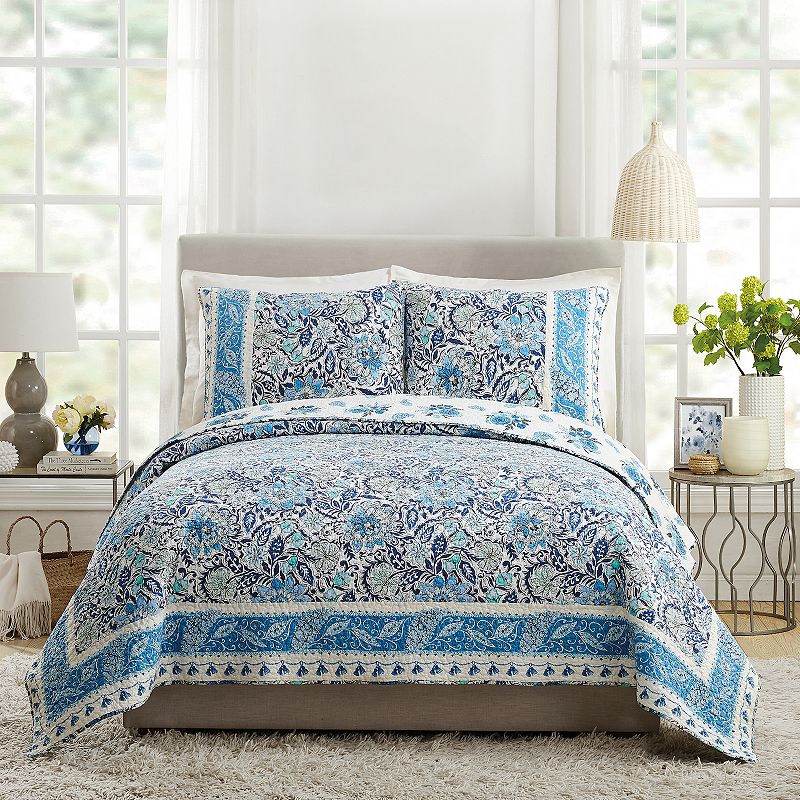 Dena Home Bisou Floral Quilt Set and Shams, Blue, Full/Queen