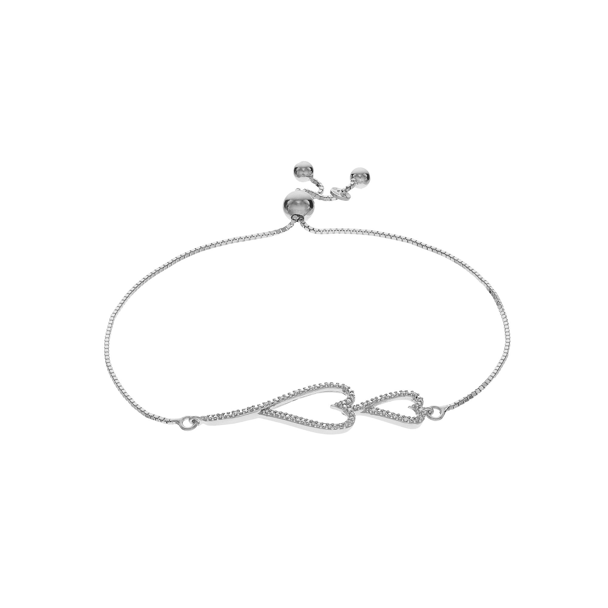 Sterling Silver 1/10 Carat T.W. Diamond Double Heart Adjustable Bracelet, W