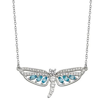 Classic Treasures Sterling Silver Swiss Blue Topaz & Lab-Created White Sapphire Dragonfly Pendant Necklace