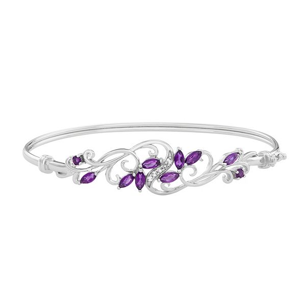 Sterling Silver Amethyst & White Topaz Accent Flower Bangle Bracelet