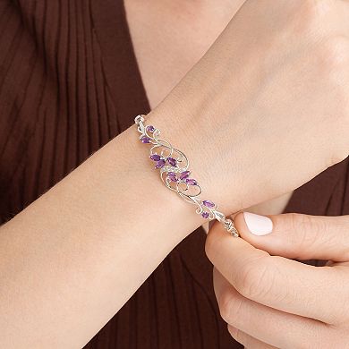 Sterling Silver Amethyst & White Topaz Accent Flower Bangle Bracelet