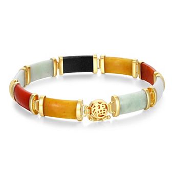 Dynasty Jade 18k Gold Over Silver "Happiness" Multicolor Jade Bracelet