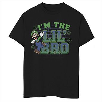 Boys 6-20 Nintendo Super Mario I'm the Lil' Bro Luigi Action Pose Dark Text Graphic Tee