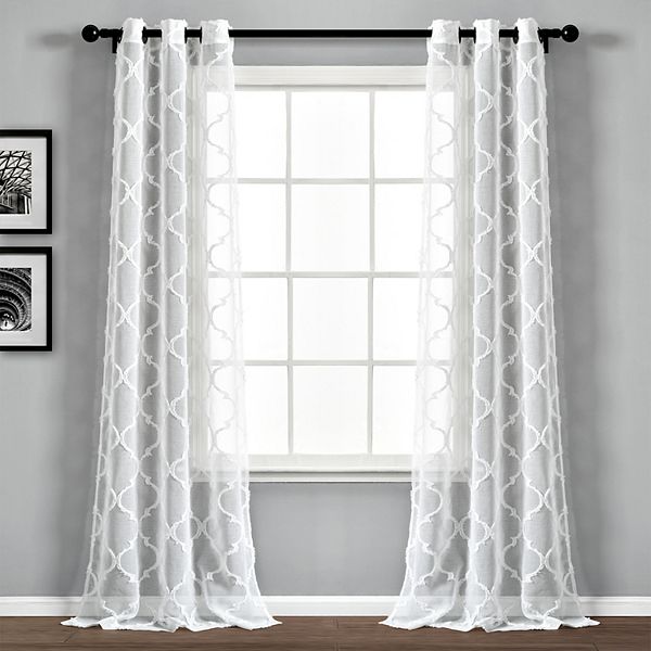 2pk 38&#34;x95&#34; Sheer Avon Trellis Curtain Panels White - Lush D&#233;cor