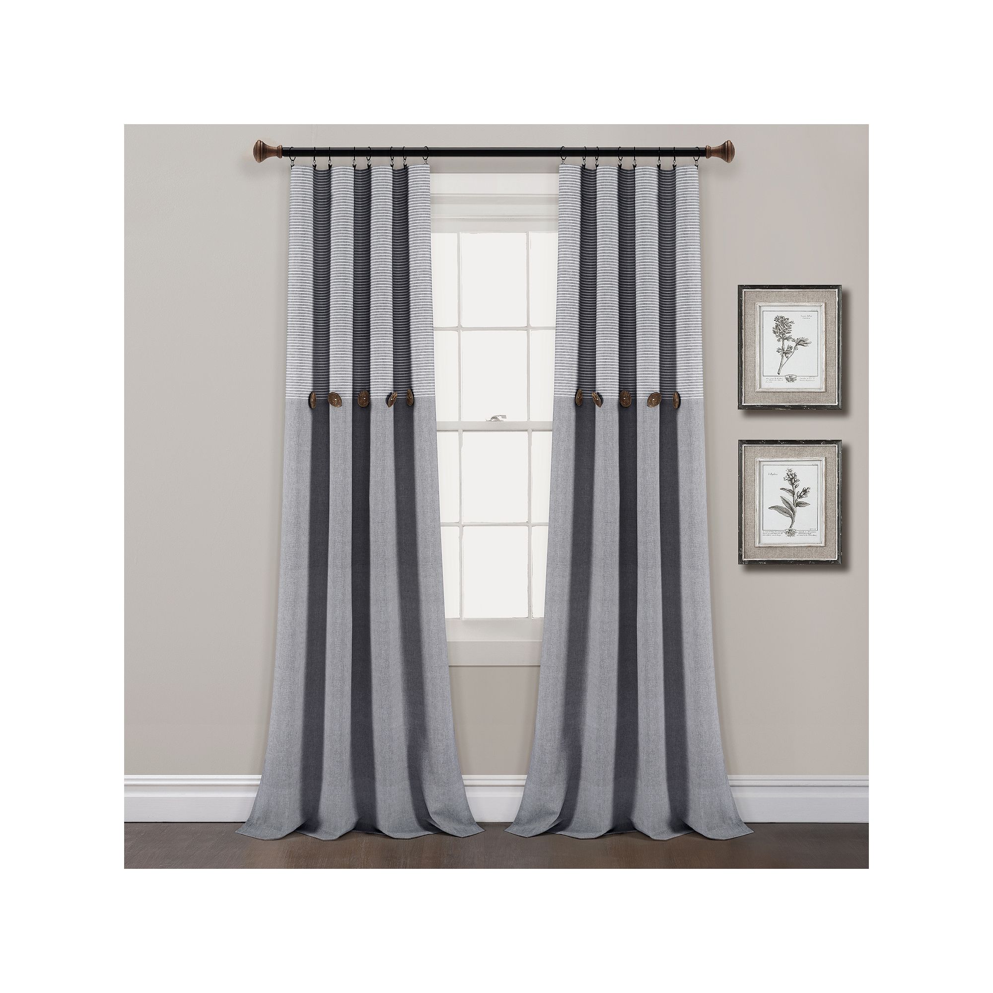Lush Decor Farmhouse Button Stripe Yarn Dyed Woven Cotton Window Curtain Se