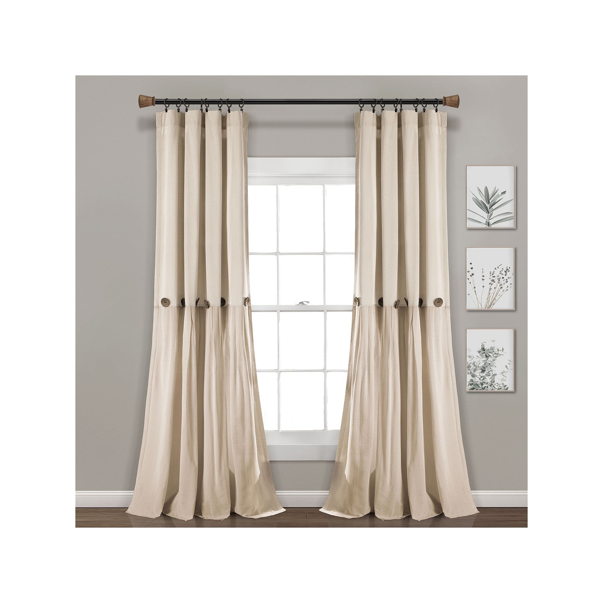 Lush Decor Linen Button Window Curtain Panel, Dark Linen