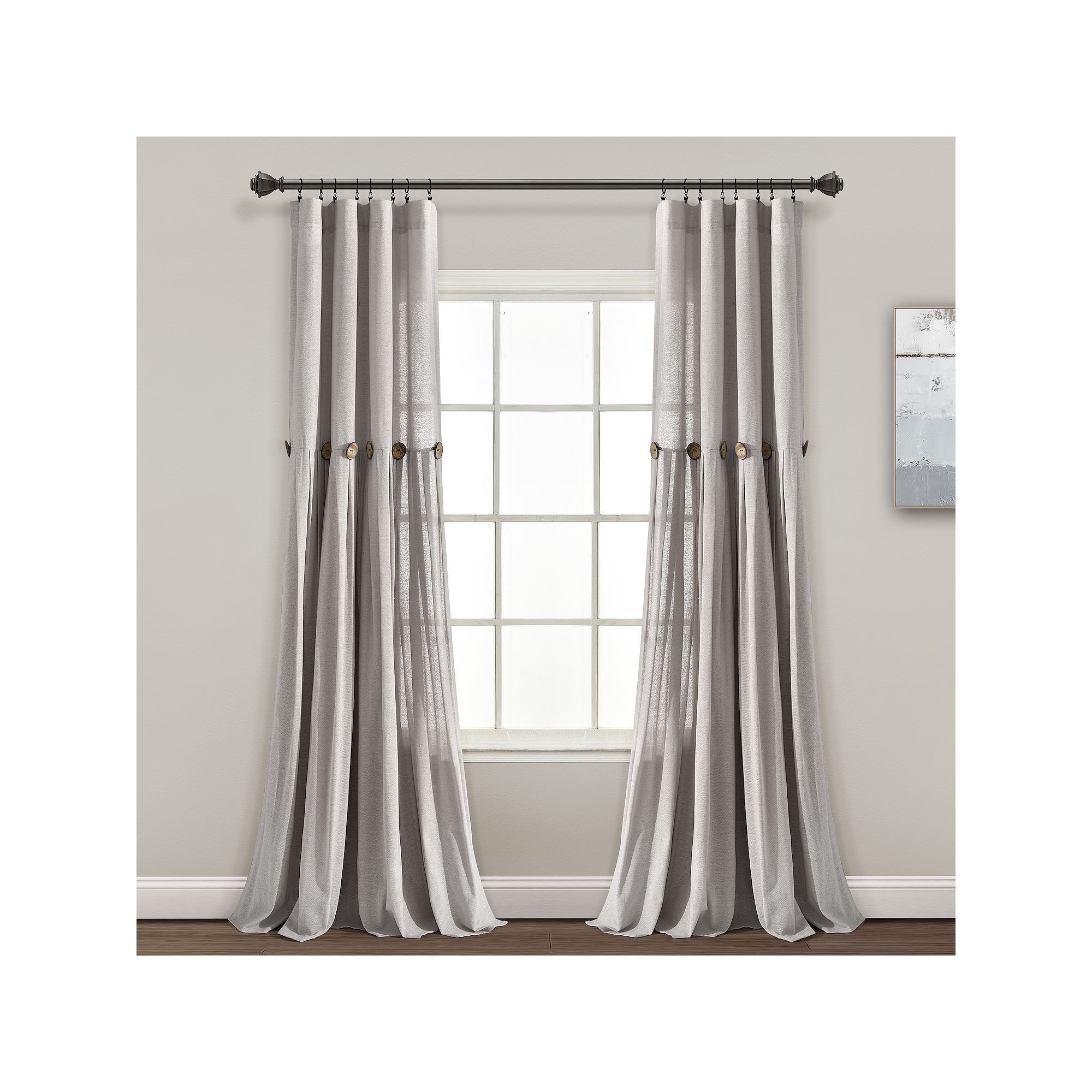 Lush Decor Linen Button Window Curtain Panel, Gray