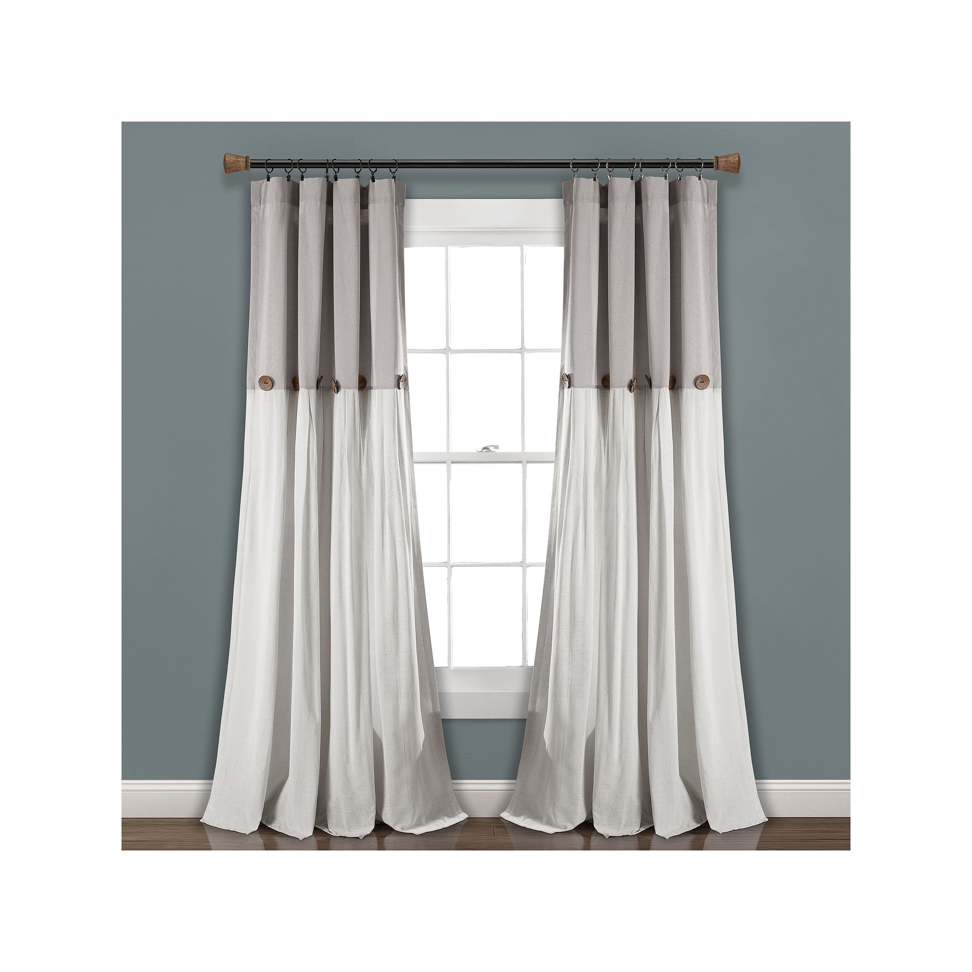 Lush Decor Linen Button Window Curtain Panel, Gray White
