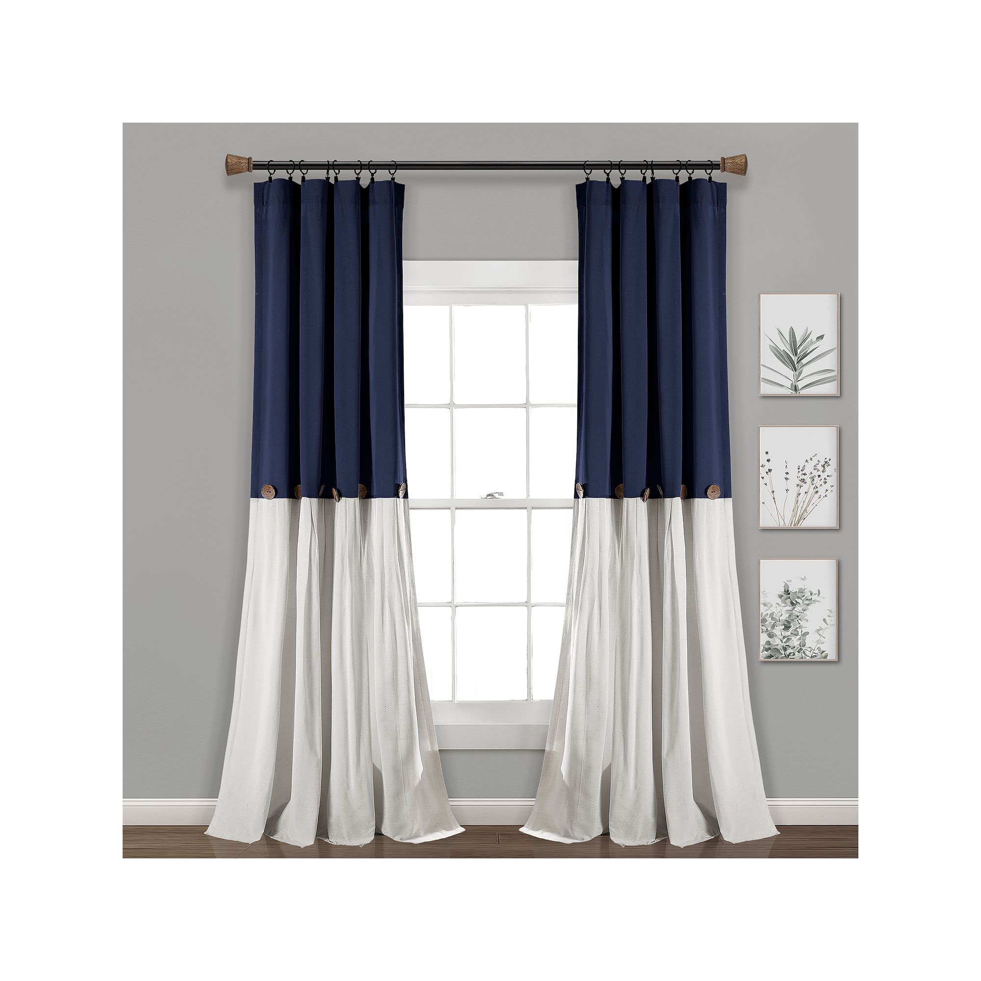 Lush Decor Linen Button Window Curtain Panel, Navy White